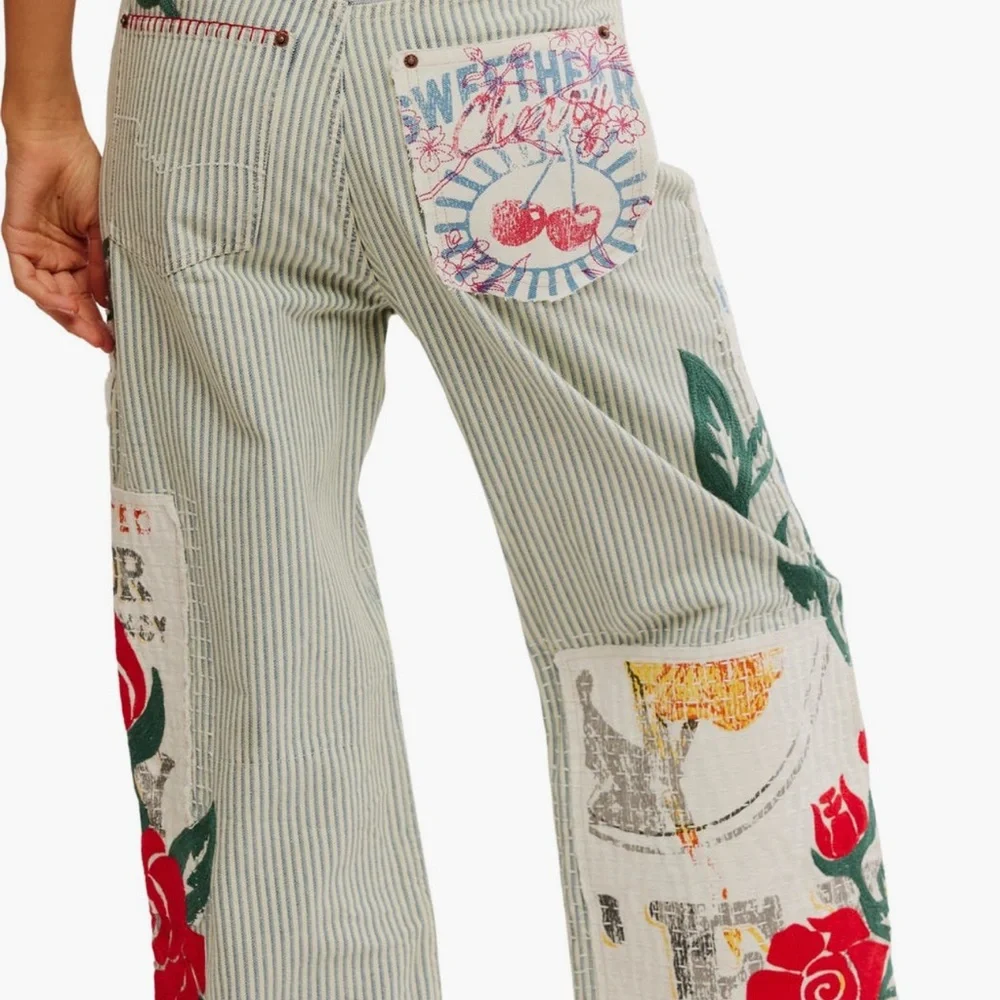 We The Free Lost and Found Patch Detail Railroad Striped Denim Pants size 25 - Picture 2 of 5